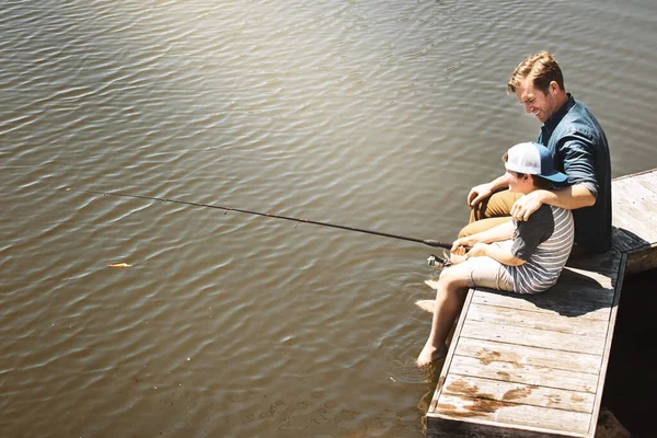 Ambos Están Enganchados Pesca Padre Hijito Pescando Juntos — Foto de Stock