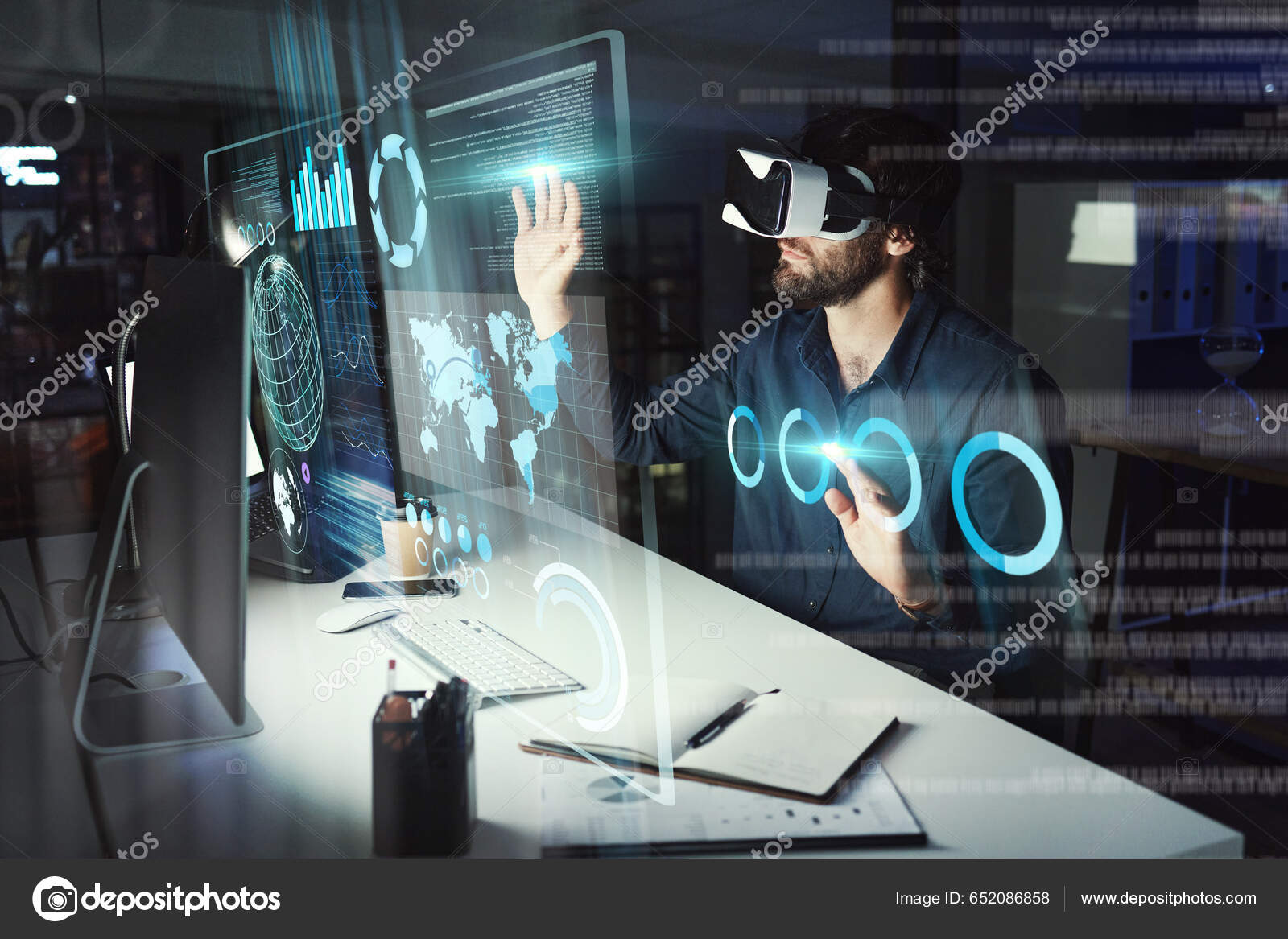 Virtual Reality Business Man Touch Hologram Office Computer Statistics ...