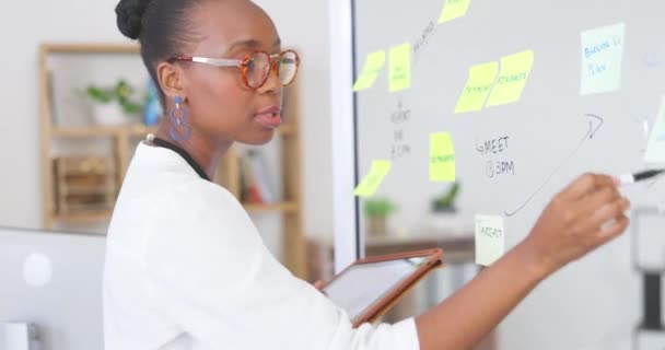 Zwarte Vrouw Tablet Denken Voor Bedrijfsplanning Schema Plakkerige Notitie Glasplaat — Stockvideo