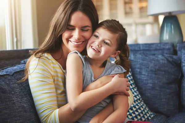 Mom Hugs What Happiness Made Mother Her Daughter Bonding Home — Stock Photo, Image