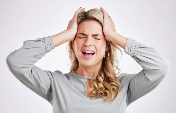 Stress, headache and woman in studio with anxiety, brain fog and pain against white background. Migraine, depression and female person suffering from problem, vertigo and burnout, frustrated or tired.