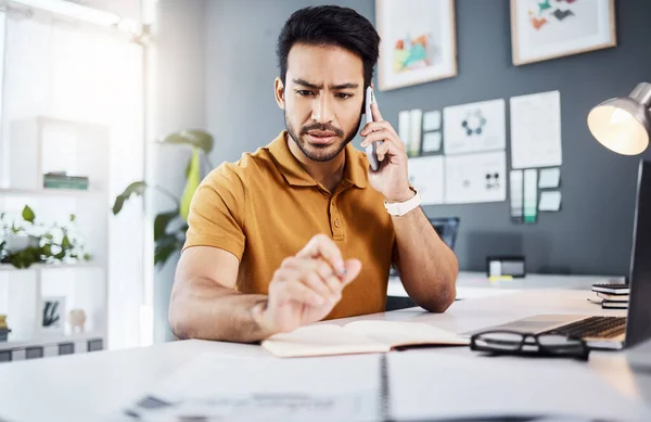 Phone Call Confused Asian Man Problem Office Issue Mistake Error — Stock Photo, Image