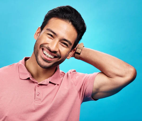 Sonrisa Feliz Retrato Del Hombre Asiático Sobre Fondo Azul Con — Foto de Stock