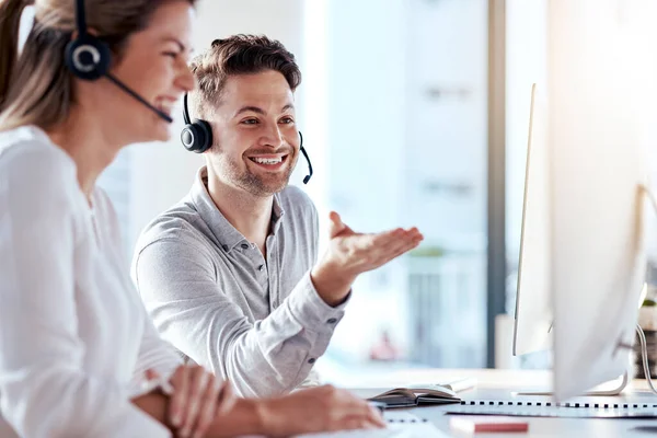stock image Computer, collaboration and call center with a consultant team working in customer service for support. Teamwork, crm or contact us with a man and woman employee at work in a consulting office.