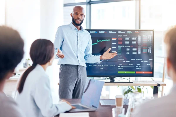 Black man, trader coach and screen with stock market dashboard, business people in meeting for training in trading. Cryptocurrency, finance with stocks information and presentation in conference room.