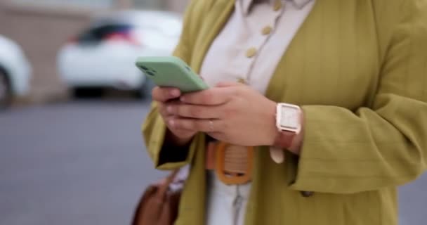 Cellphone Hands Woman Walking Street Social Media Text Messaging Outdoor — Stock Video