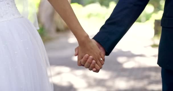 Hochzeit Heirat Und Händchenhalten Park Für Zeremonie Verlobung Und Feier — Stockvideo