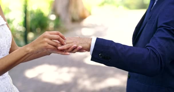 Γάμος Δαχτυλίδι Και Χέρια Του Άνδρα Και Της Γυναίκας Στο — Αρχείο Βίντεο