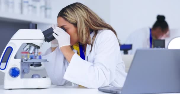 Sains Stres Dan Mikroskop Dengan Seorang Dokter Wanita Tempat Kerja — Stok Video