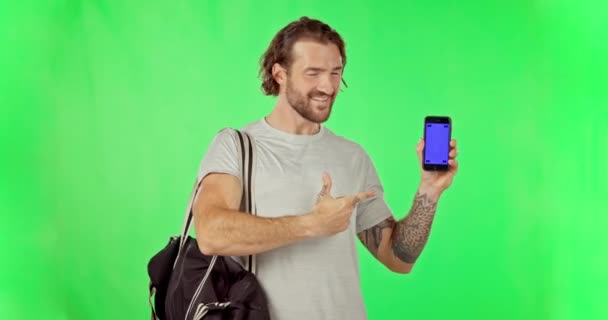 Stark Man Fitness Och Telefon Mockup Grön Skärm För Reklam — Stockvideo