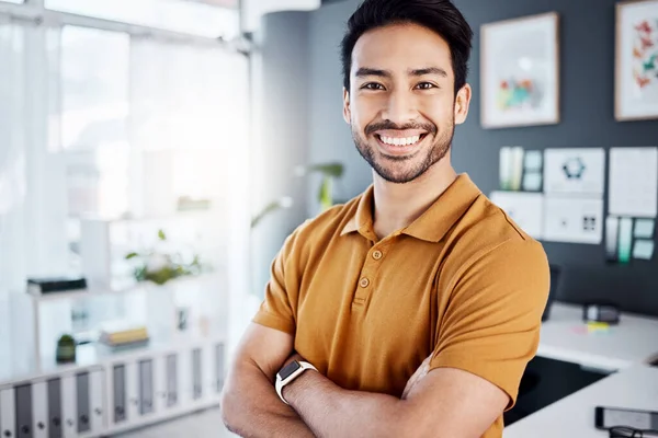 stock image Portrait, crossed arms and happy business man, person or entrepreneur smiling for management, startup or mindset. Businessman, success and male agent with work happiness, mission or confidence.
