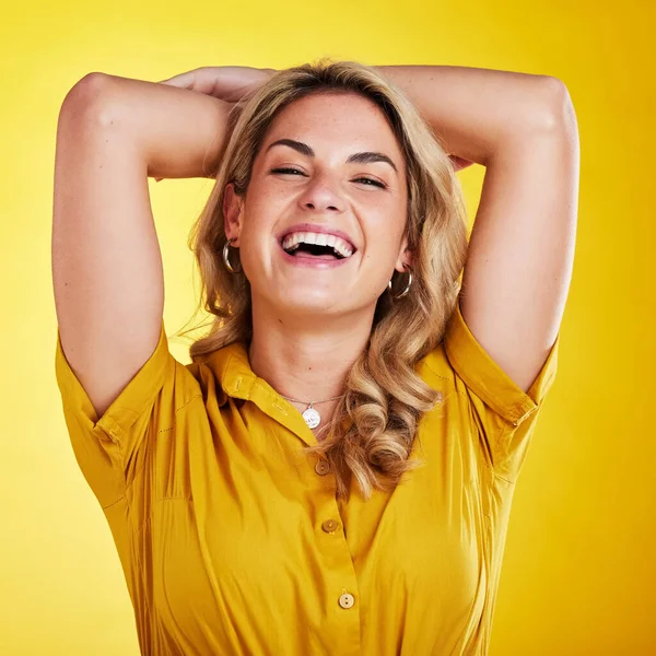 Happy Fashion Confident Portrait Woman Isolated Yellow Background Studio Laughing — Stock Photo, Image