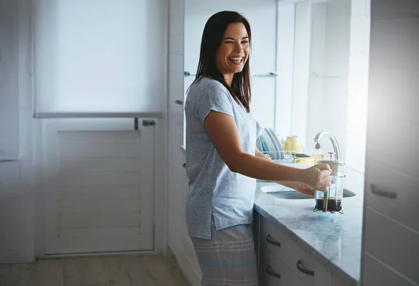 Preparing Fresh Batch Cropped Portrait Attractive Young Woman Enjoying Coffee — Stock Photo, Image