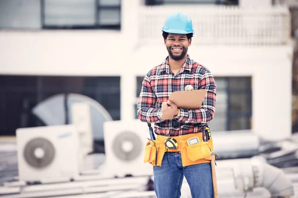 Engineering, portrait and man on clipboard for air conditioner maintenance, inspection or technician ac repair. Happy African person, handyman or electrician, electrical checklist and rooftop service.