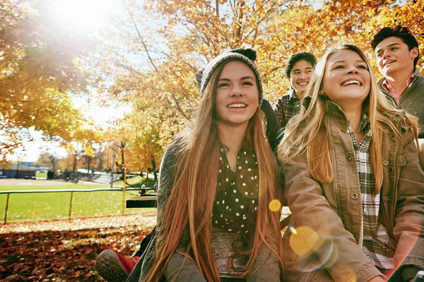 Felicidade Nunca Acaba Grupo Jovens Amigos Desfrutando Dia Parque Juntos — Fotografia de Stock