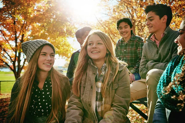 Byly Předurčeny Podzimní Dny Skupina Mladých Přátel Kteří Společně Užívají — Stock fotografie
