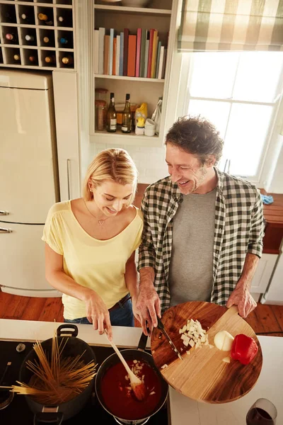 Our Dinner Couple Cooking Meal Together Home — Stock Photo, Image
