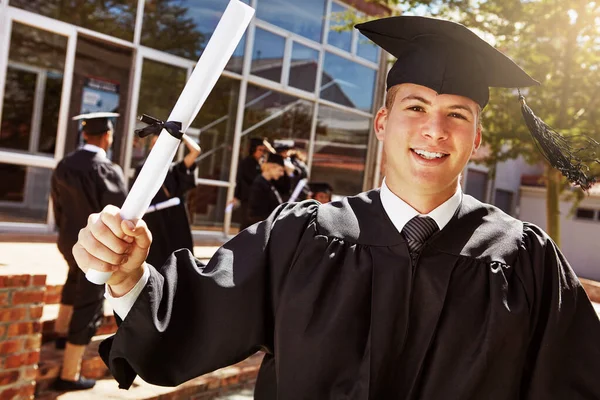 Earned Years Study Portrait Smiling University Student Holding His Diplomas — Stock Photo, Image