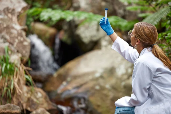 Ciencia Naturaleza Mujer Con Agua Tubo Ensayo Para Inspección Medio —  Fotos de Stock
