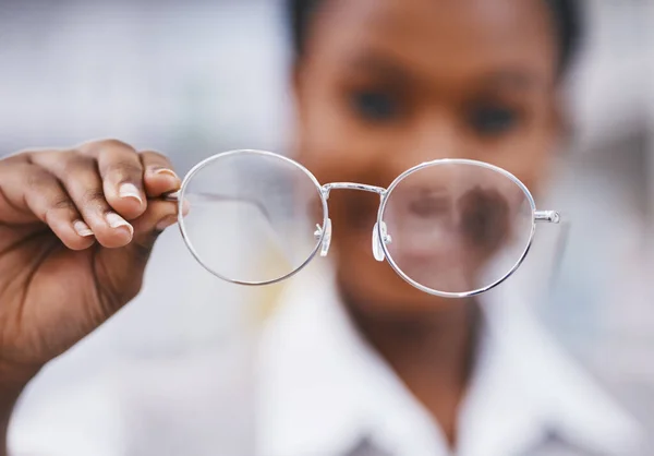 Visão Óculos Mão Mulher Clínica Cuidados Oculares Para Saúde Bem — Fotografia de Stock