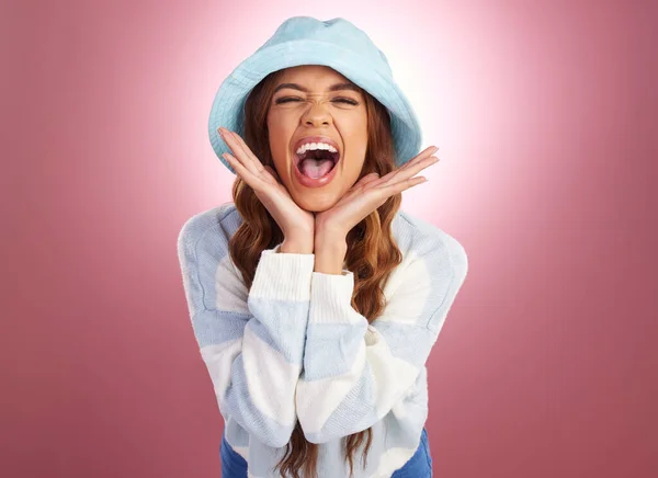 Portrait Surprise Woman Excited Scream Cheerful Studio Background Face Female — Stock Photo, Image