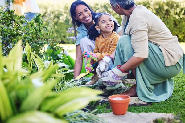 春の間 成長や持続可能性のために屋外で一緒に女性 母親と娘の園芸 環境に優しい造園のための庭で家族の絆で植物 地球の日 — ストック写真