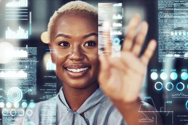 Pantalla Táctil Holograma Mujer Negra Con Análisis Datos Digitales Estadísticas — Foto de Stock