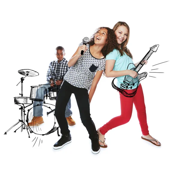 Mam Świetną Sesję Zakłócania Studio Ujęcia Dzieci Grających Muzykę Rockową — Zdjęcie stockowe