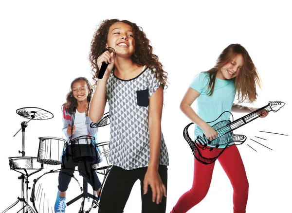 Apanhado Música Estúdio Crianças Tocando Música Rock Instrumentos Imaginários — Fotografia de Stock