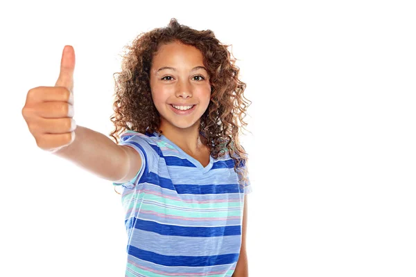 子供たち 私の投票を得た スタジオショットの若い女の子を与える親指アップに対して白の背景 — ストック写真