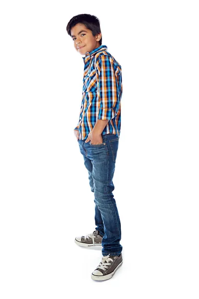 Cool Middle Name Studio Portrait Young Boy Posing White Background — Stock Photo, Image