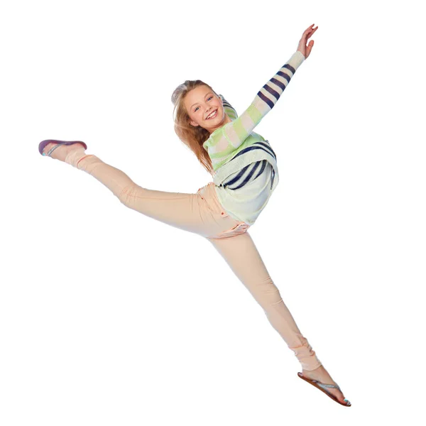 飛躍的に成長し スタジオショットの若い女の子ジャンプの喜びのために白い背景 — ストック写真