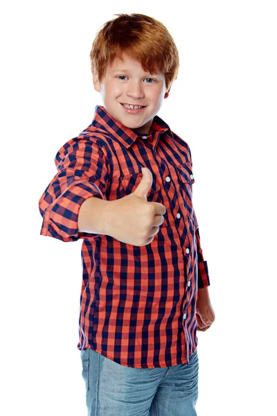 Отримали Зйомки Молодого Хлопчика Тримає Великий Палець Білому Фоні — стокове фото