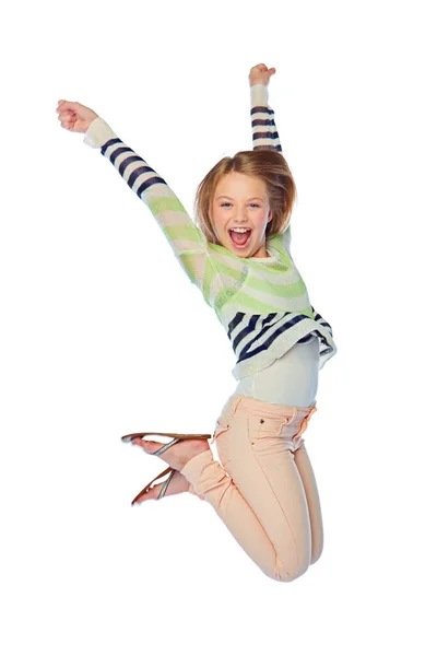 私は勝利の態度で何でも達成できる スタジオショットの若い女の子ジャンプの喜びのために白い背景 — ストック写真