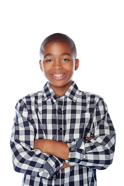 Sebevědomí Super Studio Portrét Mladého Chlapce Pózujícího Bílém Pozadí — Stock fotografie