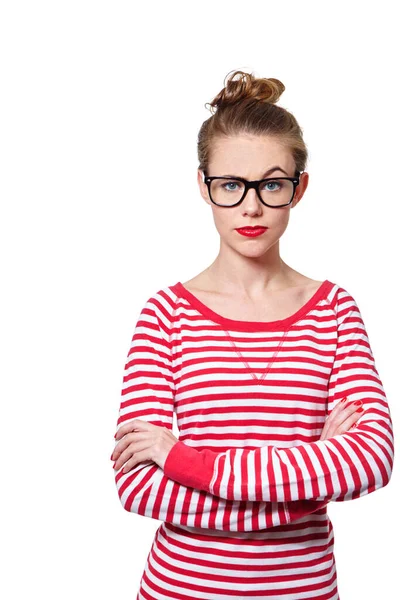 Wytłumacz Się Studio Portret Atrakcyjnej Młodej Kobiety Okularach Odizolowanej Biało — Zdjęcie stockowe