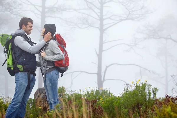 自然を愛する ハイキング中に愛情深い若いカップルが — ストック写真