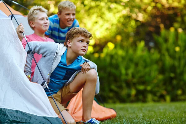 Hora Explorar Três Meninos Olhando Para Fora Sua Tenda — Fotografia de Stock