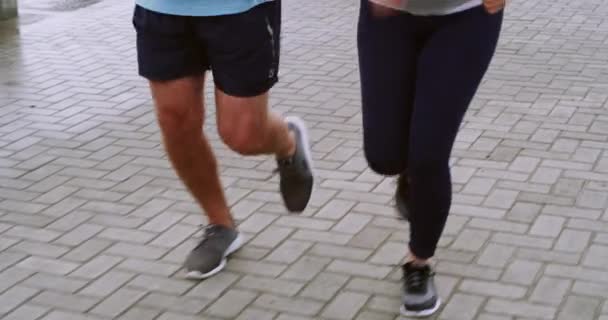 Fit Happy Mature Couple Jogging Together Ocean While Talking Wife — Wideo stockowe