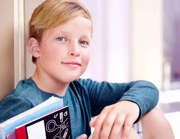 Eager Young Learner Closeup Portrait Young Boy Sitting School Hallway — Stock Photo, Image