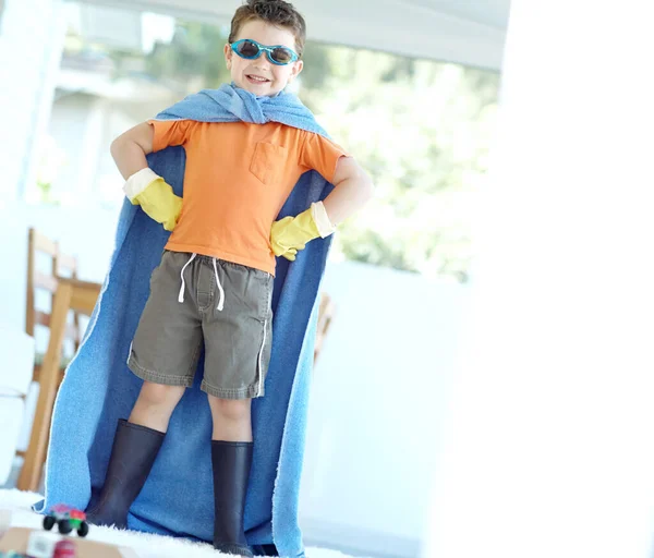 Hello Citizen Playful Little Boy Dressed Superhero Home — Stock Photo, Image