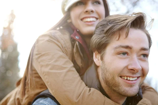 Having Some Fun Together Young Man Piggybacking His Girlfriend While — Stock Photo, Image