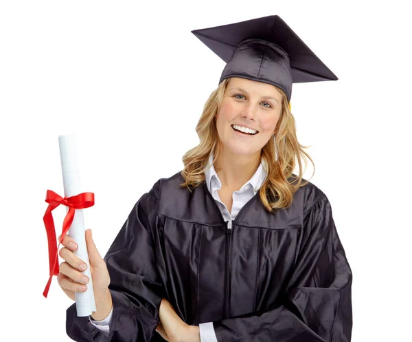 Końcu Się Udało Atrakcyjna Młoda Kobieta Dyplomem Uniwersyteckim Uśmiechnięta Odizolowana — Zdjęcie stockowe