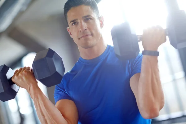 Strong Bull Handsome Young Man Lifting Dumbells Gym — Stock Photo, Image