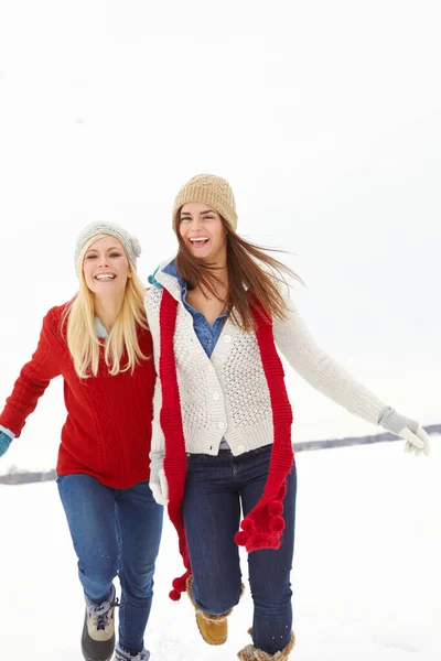 Παραμένει Ζεστό Στο Χιόνι Δύο Φίλοι Τρέχουν Μέσα Στο Χιόνι — Φωτογραφία Αρχείου