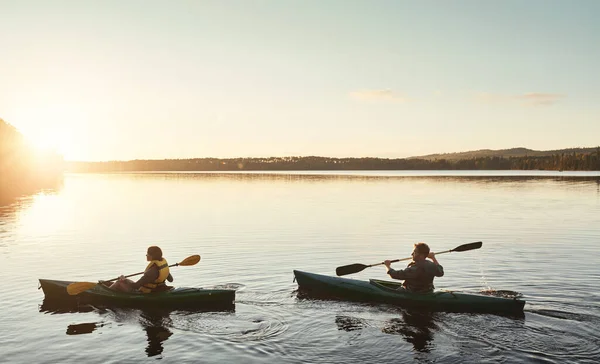 Our Relationship Started Water Young Couple Kayaking Lake Outdoors — Stock Photo, Image