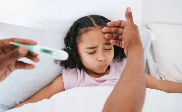 Parent Hands Thermometer Sick Little Girl Checking Fever Temperature Flu — Stock Photo, Image