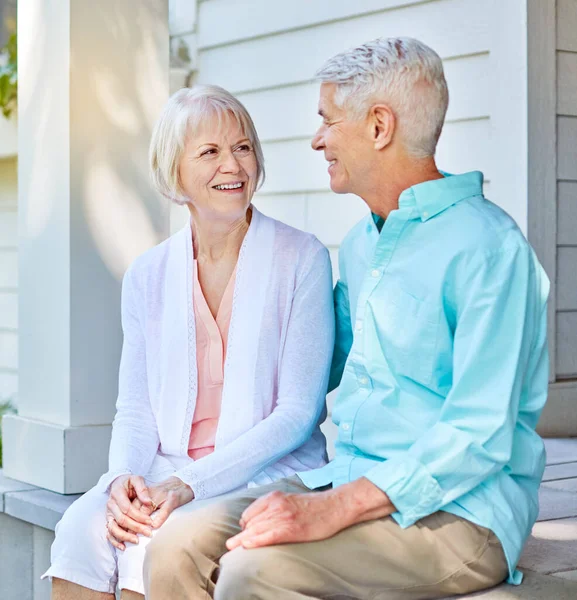 Together Belong Affectionate Senior Couple Sitting Porch Summer — Stock Photo, Image