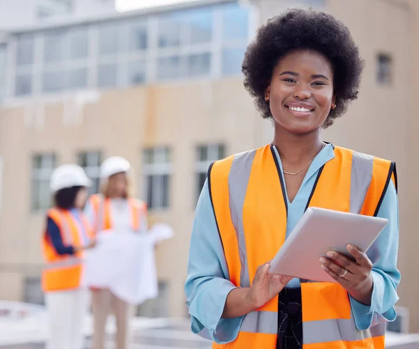 Smile, engineering and portrait of black woman and tablet for planning, architecture and leadership. Construction, technology and maintenance with engineer for inspection, digital and internet.