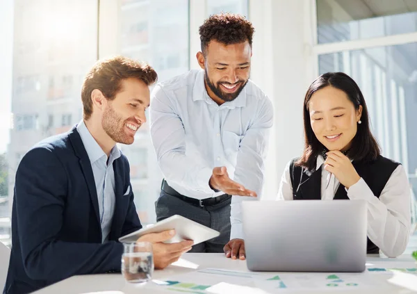 Smile, laptop or diversity people work on office review of customer experience feedback, business proposal or media project. Reading, colleagues or happy team cooperation on financial sales planning.